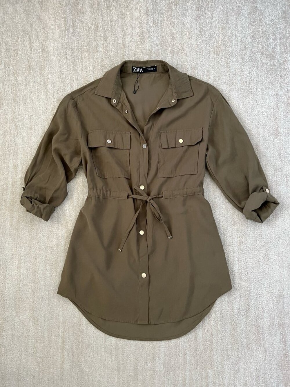 NWOT Zara Green Boho Long Sleeve Summer Mini Shirt Dress S